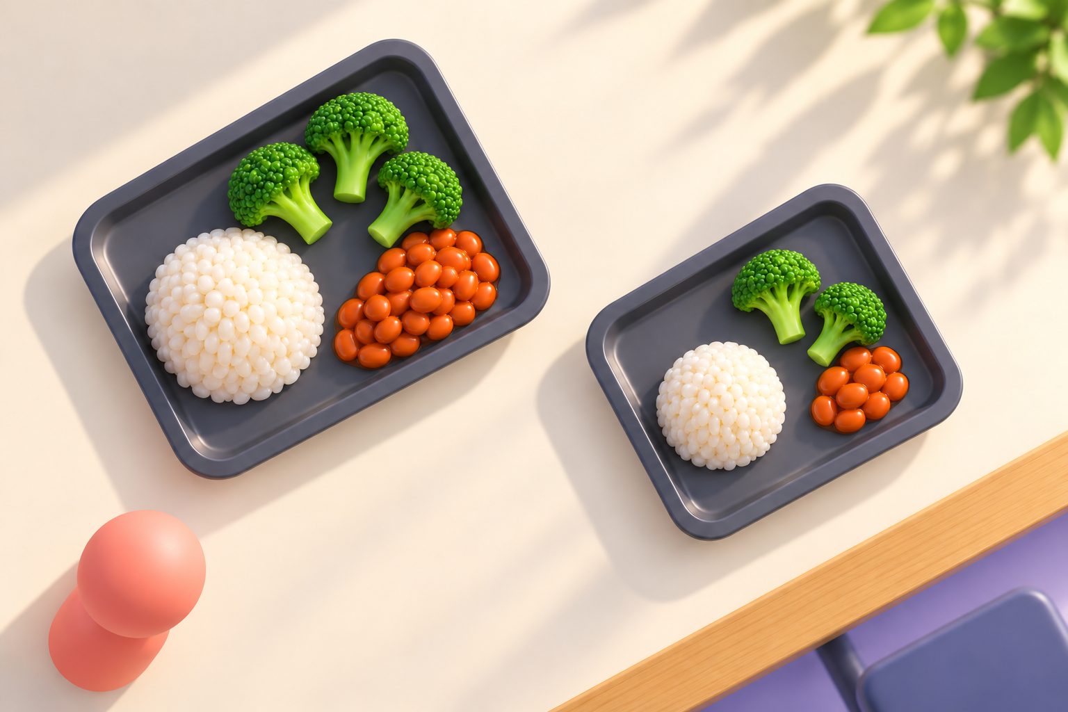 An overhead view of colorful cafeteria food and a curious coral character